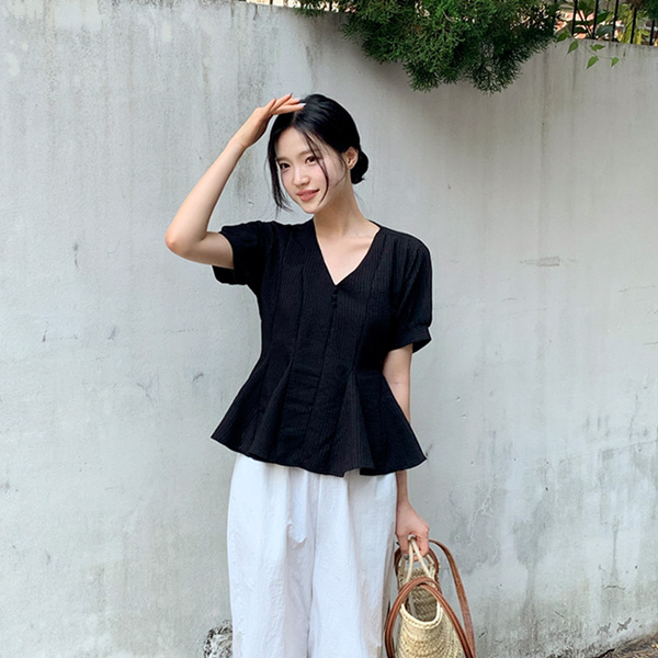 네이라 브이넥 스트랩 페플럼 반팔 블라우스 bs8331