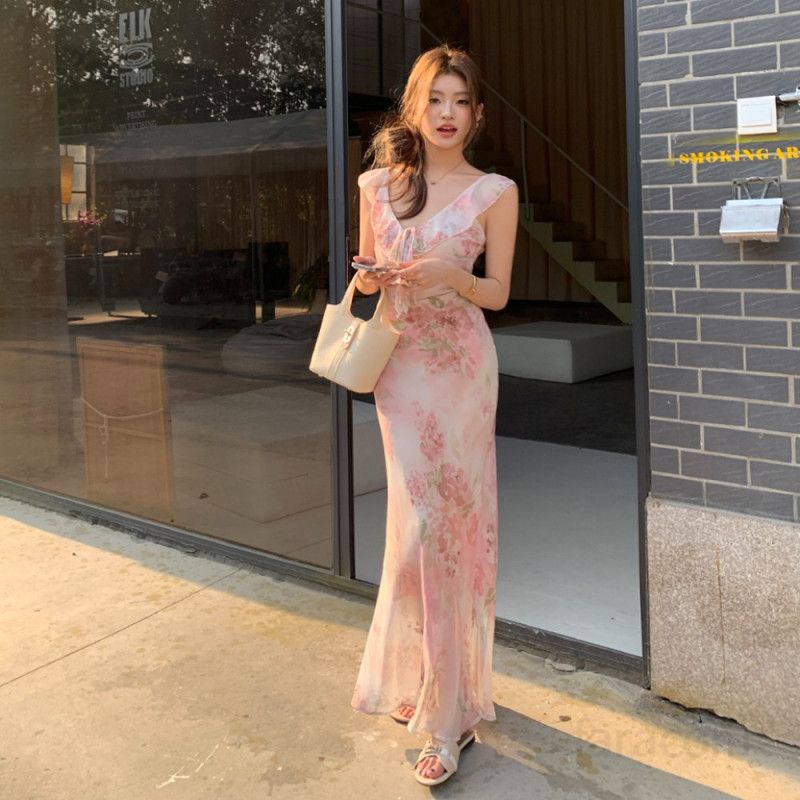 여성 하이웨이스트 엑스라인 쉬폰 백리스 끈나시 머메이드 롱 원피스 데이트룩 바캉스룩 봄 여름 8692 - 상품 이미지