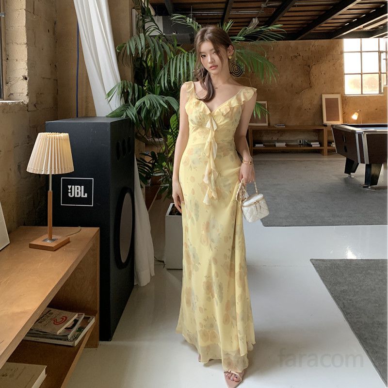 여성 플라워 프린트 러플 브이넥 엑스라인 백리스 폴리에스터 롱원피스 봄 여름 8691 - 상품 이미지