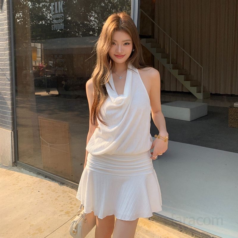 여성 봄 여름 홀터넥 드레이핑 셔링 미니 원피스 폴리 코튼 캐주얼 데이트룩 8683 - 상세 이미지 3