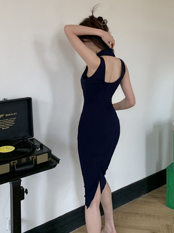 여성 브이넥 백크로스 민소매 바디콘 슬림핏 미디 원피스 하객룩 오피스룩 봄 여름 8363 - 상세 이미지 4