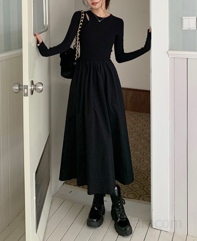 여성 라운드넥 긴팔 X라인 하이웨이스트 플레어 미디 원피스 데일리 시티룩 우아한 모달 봄 가을 8227 - 상세 이미지 3