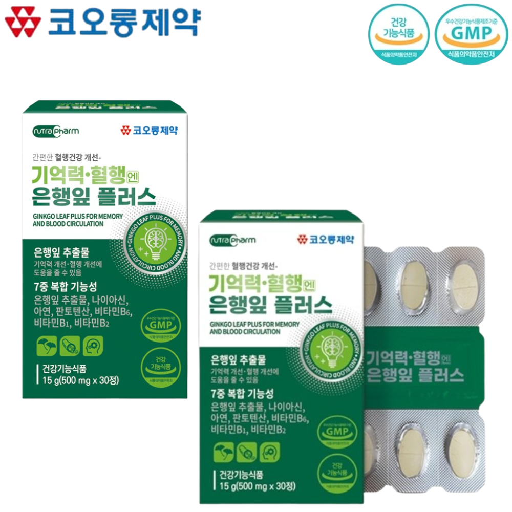 코오롱제약 기억력 혈행 징코 은행잎 추출물 30정 2박스 2개월 나이아신 판토텐산 비타민B - 메인 이미지