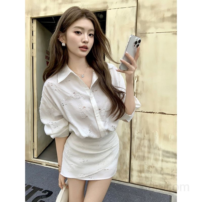 여성 펀칭 레이스 긴팔 셔츠 카라 하이웨이스트 미니 원피스 폴리 봄 여름 하객룩 8681 - 상세 이미지 4