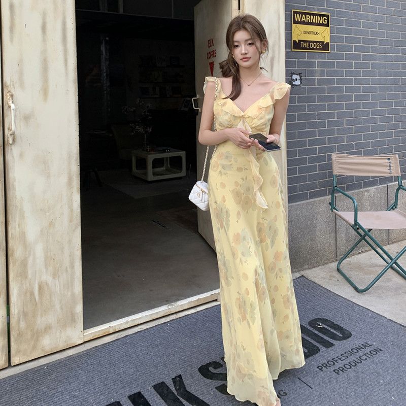 여성 플라워 프린트 러플 브이넥 엑스라인 백리스 폴리에스터 롱원피스 봄 여름 8691 - 상세 이미지 4