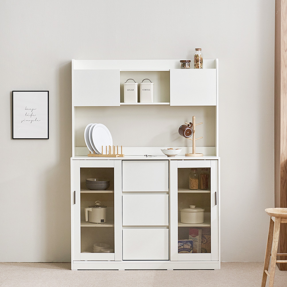 장인가구 아망드 슬라이딩 상부 하부 주방 수납장 세트 1200, 3단, 1200유리3단서랍+상부장_브라운