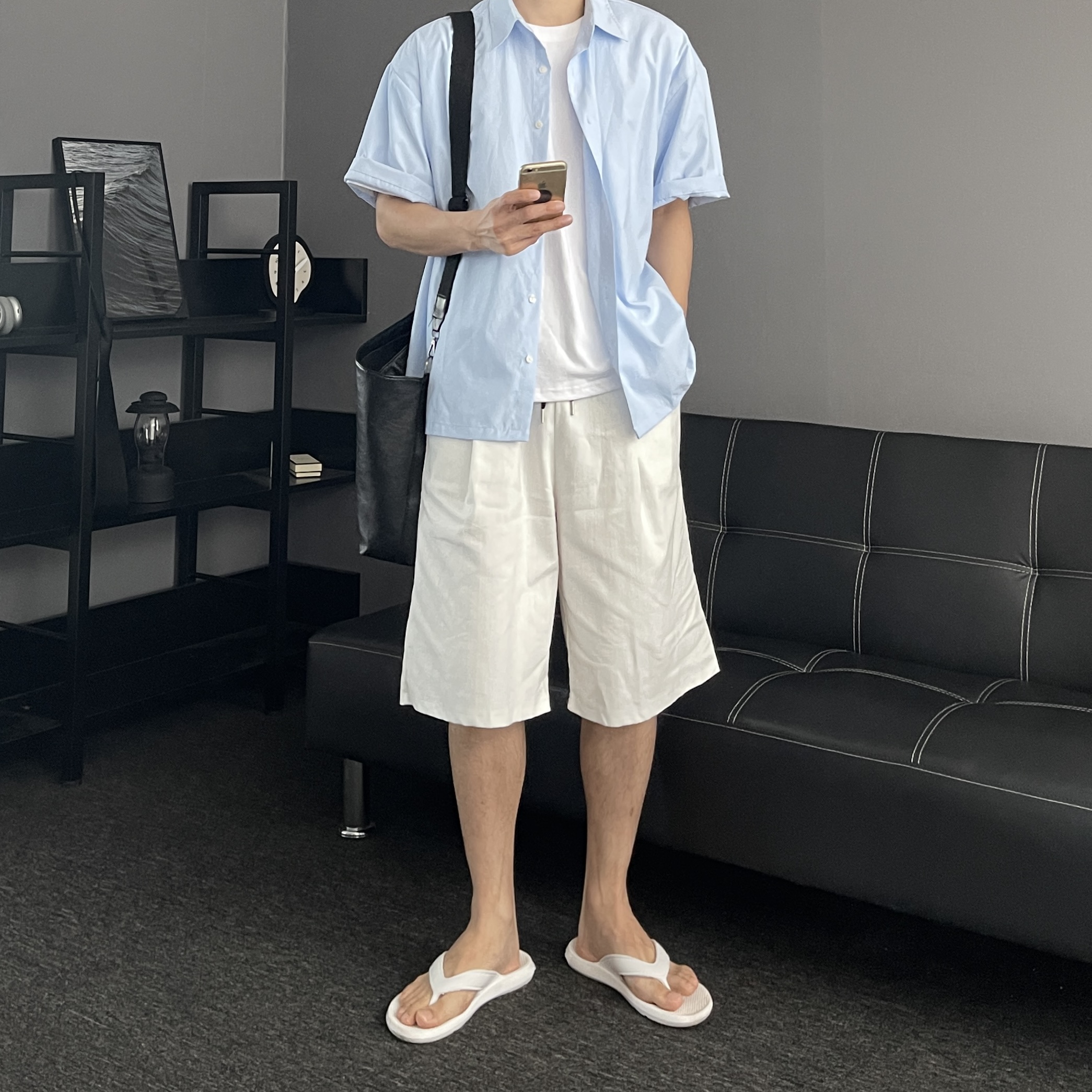 1+1 남자버뮤다팬츠 흰반바지 남자와이드반바지 - 상세 이미지 4