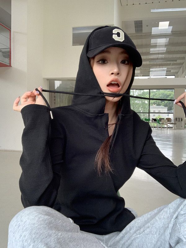 여성 루즈핏 크롭 후드티 스트링 긴팔 골지 맨투맨 티셔츠 데일리 캐주얼 베이직 기본템 여리핏 운동복 트레이닝 봄 가을 8268 - 상세 이미지 3
