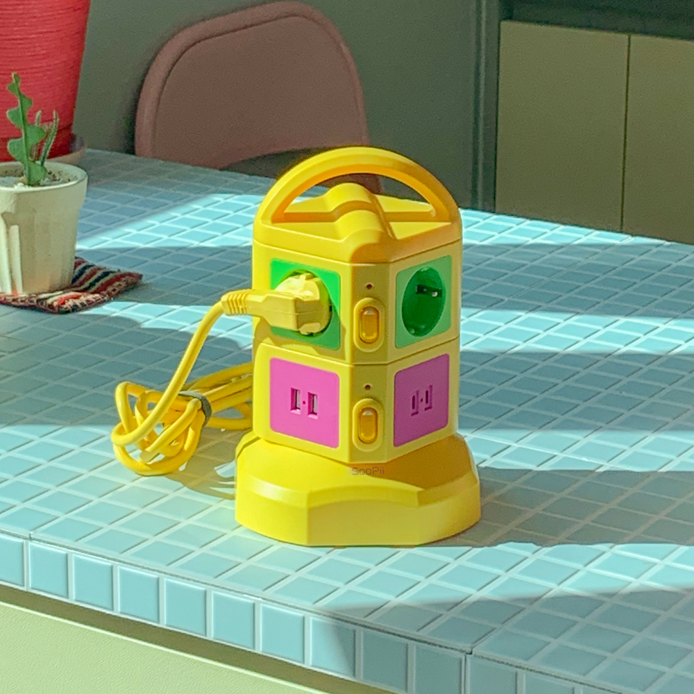 N배송 비비드 컬러 디자인 멀티탭 콘센트 고용량 큐브 타워형 집들이선물 2m, 옐로우 6구, 1개