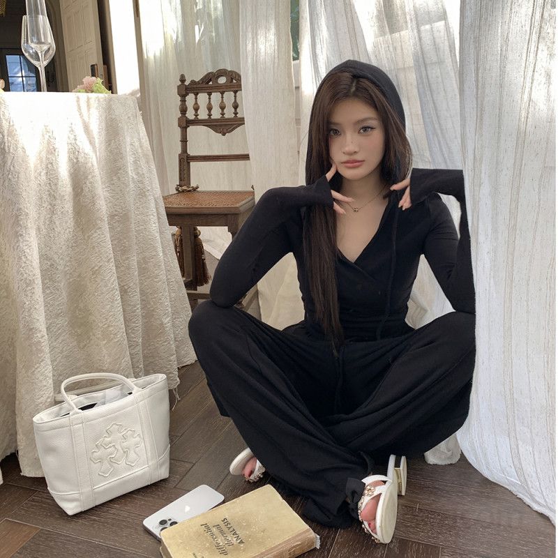 여성 블랙 하이웨스트 드로스트링 밴딩 와이드 스트레이트 롱 슬랙스 바지 데일리 오피스 봄 가을 코디 4966 - 상세 이미지 4