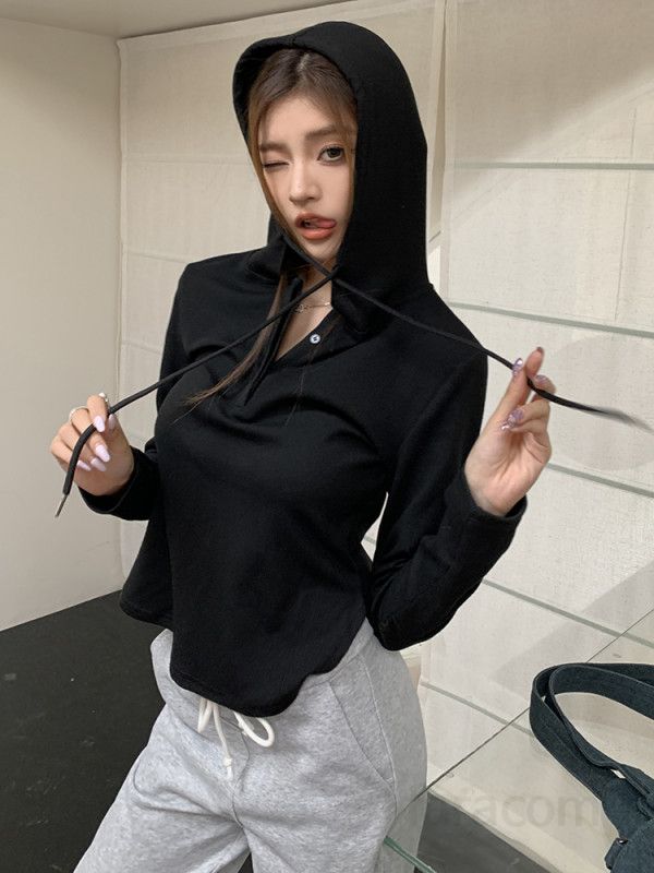 여성 루즈핏 크롭 후드티 스트링 긴팔 골지 맨투맨 티셔츠 데일리 캐주얼 베이직 기본템 여리핏 운동복 트레이닝 봄 가을 8268 - 상세 이미지 2