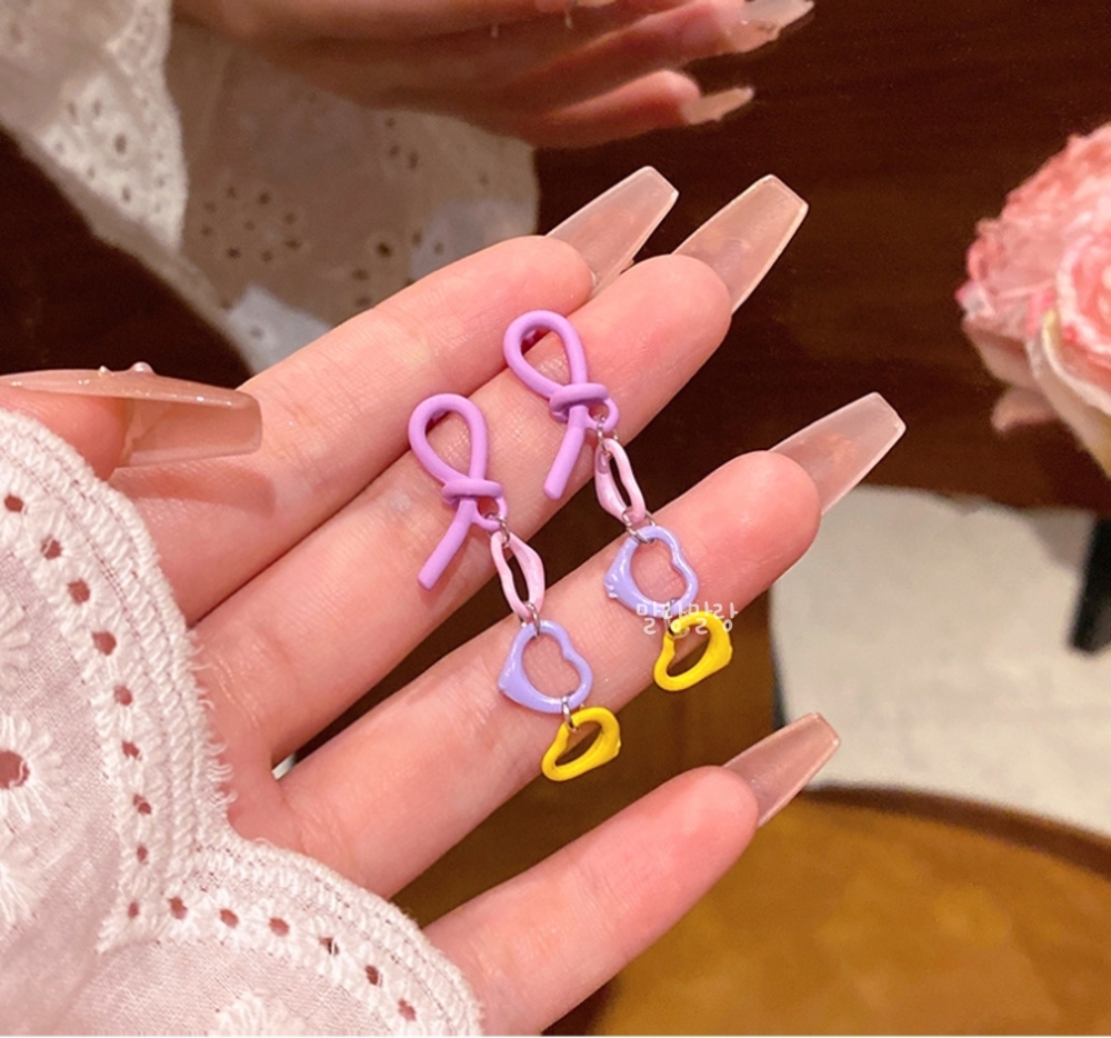 트리플 파스텔 러블리 하트 매듭 드롭 귀걸이 유니크 썸머 이어링 이미지 6