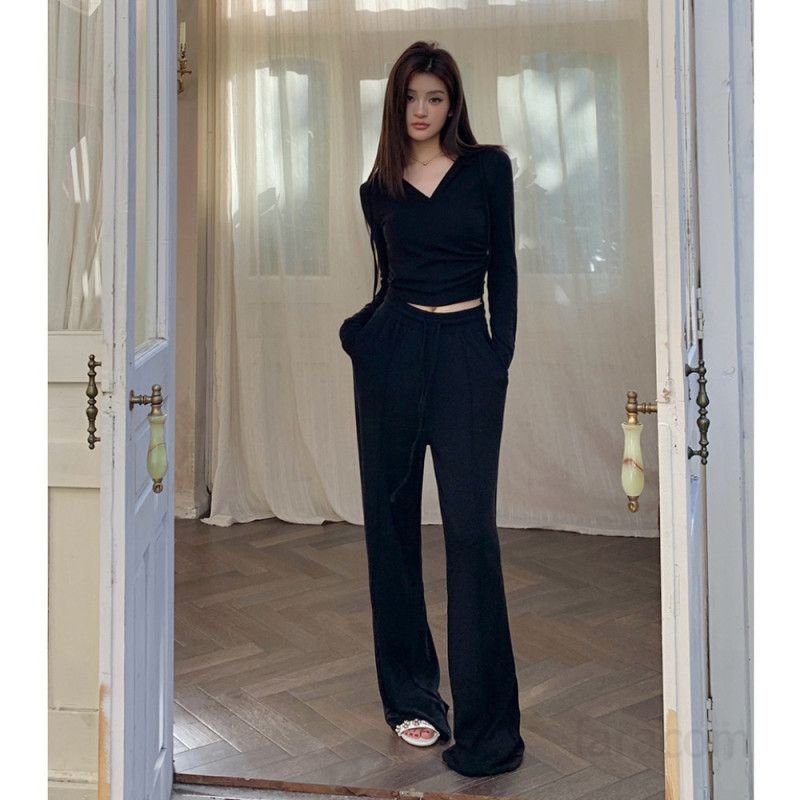 여성 블랙 하이웨스트 드로스트링 밴딩 와이드 스트레이트 롱 슬랙스 바지 데일리 오피스 봄 가을 코디 4966 - 상세 이미지 2