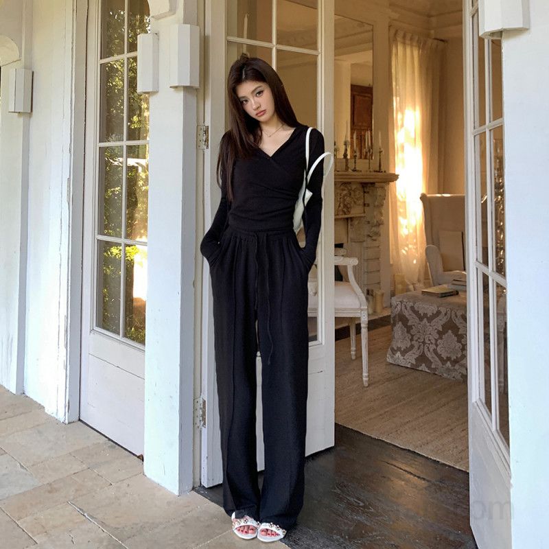 여성 블랙 하이웨스트 드로스트링 밴딩 와이드 스트레이트 롱 슬랙스 바지 데일리 오피스 봄 가을 코디 4966 - 상품 이미지