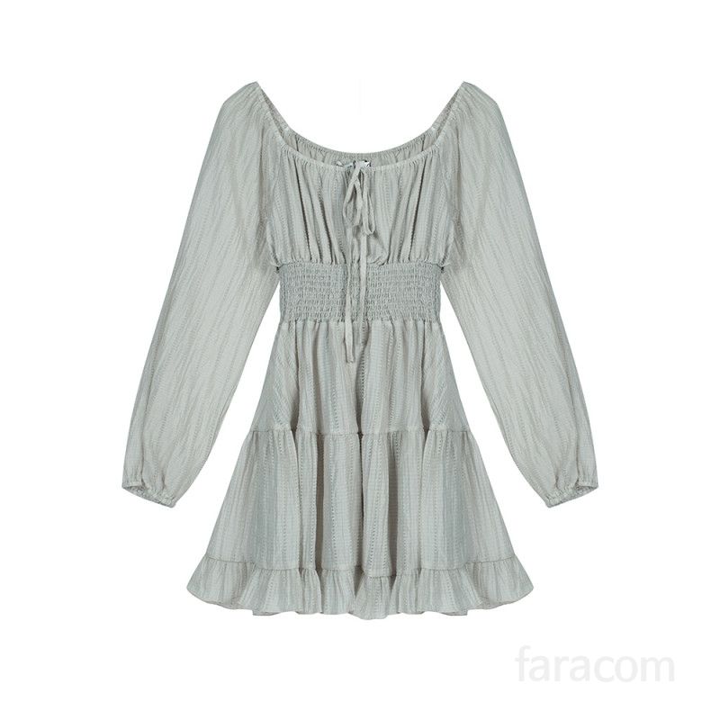 여성 오프숄더 와이드넥 등롱소매 X라인 셔링 하이웨스트 프릴 미니 원피스 러블리 하객룩 데일리 봄 가을 간절기 8216 - 상세 이미지 5