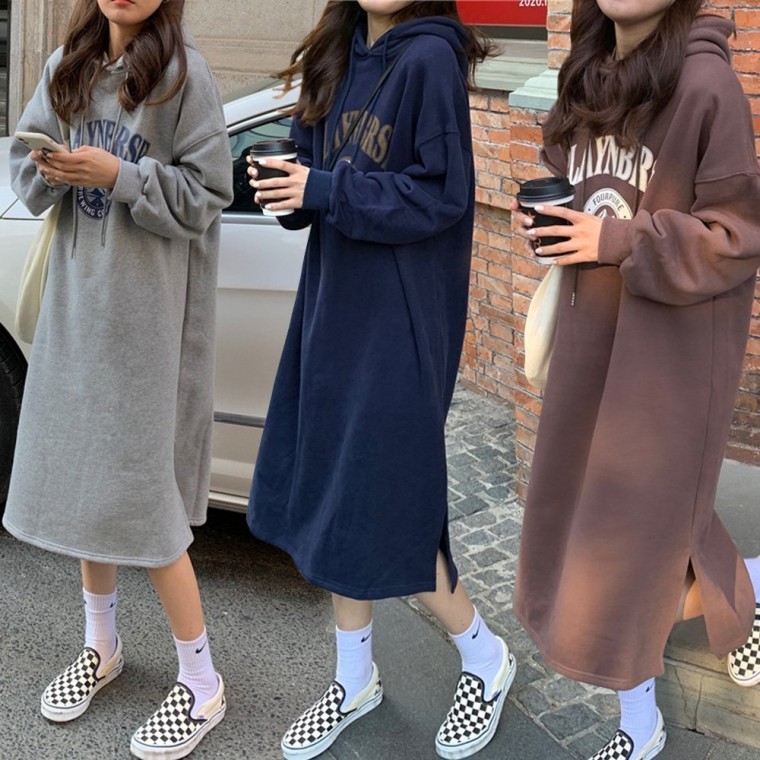 따뜻한 기모 안감 롱 스타일 데일리 여성 후드원피스 - 상품 이미지