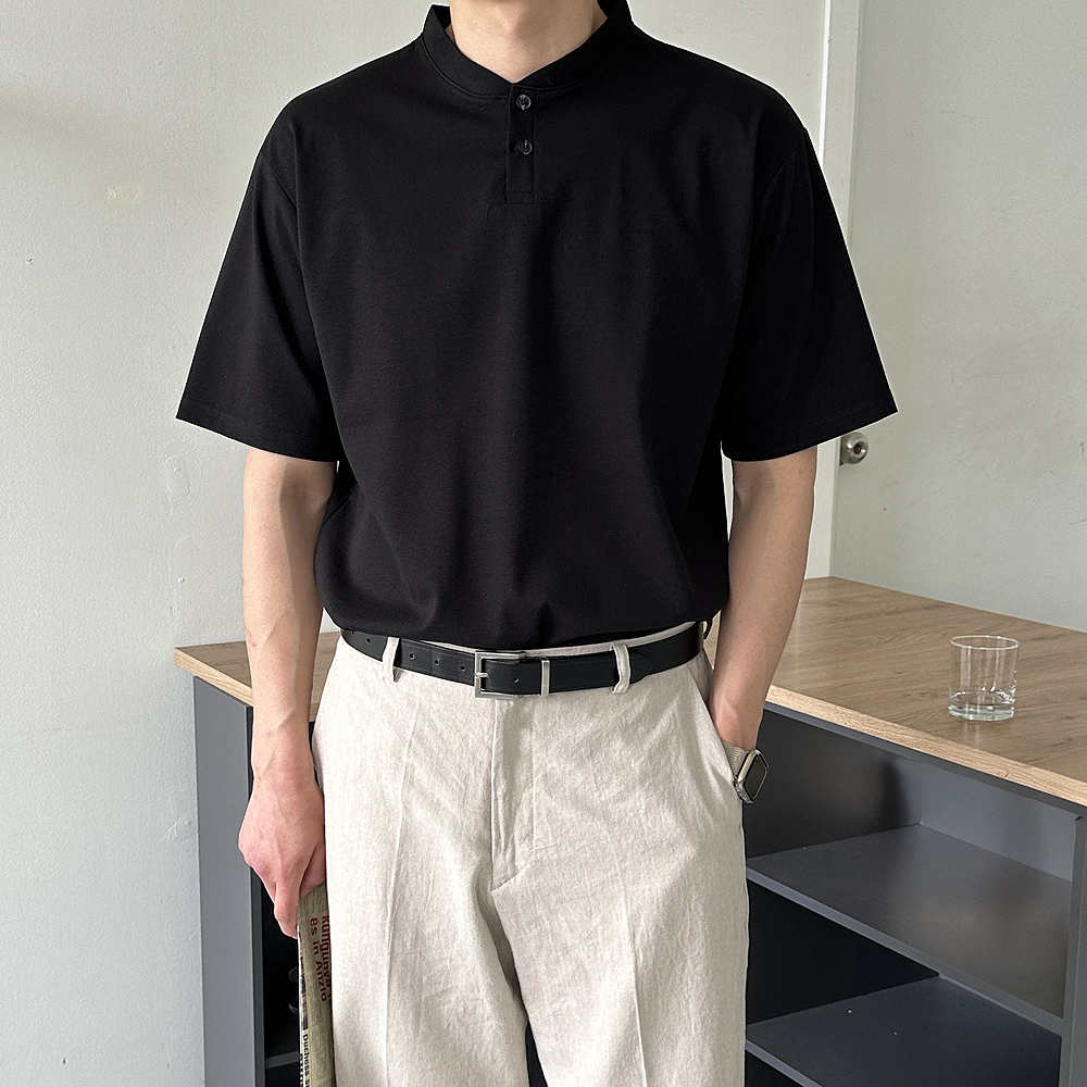 피케 티셔츠 남자 반팔티 오버핏 분또 티셔츠 헨리넥 반팔 - 상품 이미지