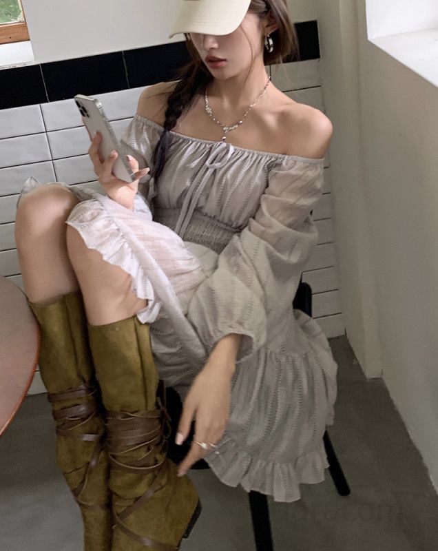 여성 오프숄더 와이드넥 등롱소매 X라인 셔링 하이웨스트 프릴 미니 원피스 러블리 하객룩 데일리 봄 가을 간절기 8216 - 상세 이미지 4