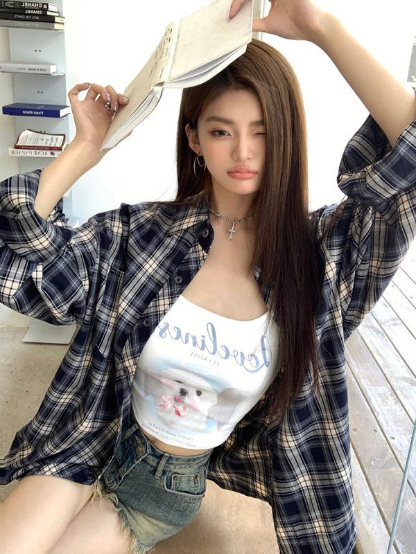 여성 루즈핏 오버핏 박시핏 드롭숄더 체크 패턴 싱글 버튼 긴팔 롱 셔츠 남방 블라우스 베이직 캐주얼 데일리 캠퍼스룩 봄 가을 8244 - 상세 이미지 3