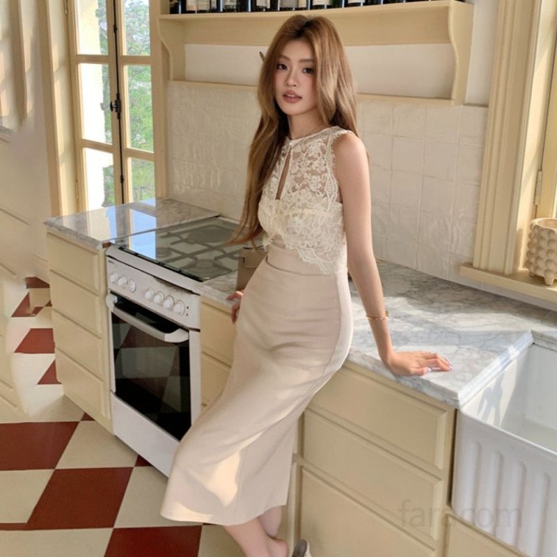 여성 레이스 민소매 X라인 슬림핏 하이웨스트 원피스 단정 우아한 오피스룩 하객룩 데이트룩 결혼식 코디 봄 여름 8714 - 상세 이미지 2