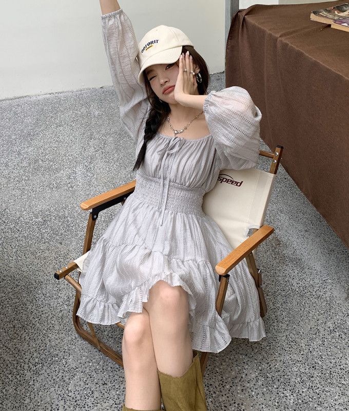 여성 오프숄더 와이드넥 등롱소매 X라인 셔링 하이웨스트 프릴 미니 원피스 러블리 하객룩 데일리 봄 가을 간절기 8216 - 상세 이미지 2