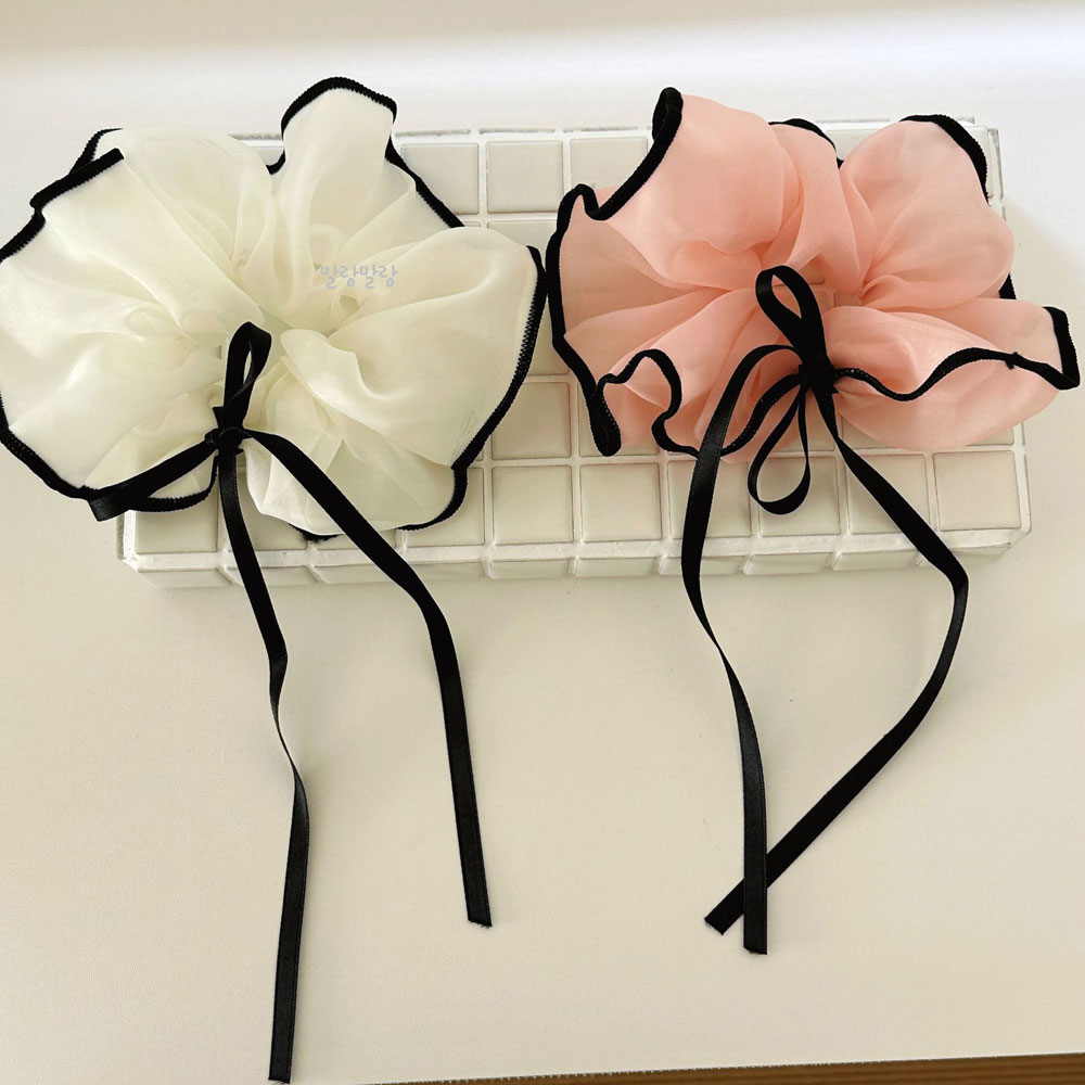 발레코어 리본 곱창머리끈 배색 오간자 스크런치 러블리 헤어끈 - 상세 이미지 3