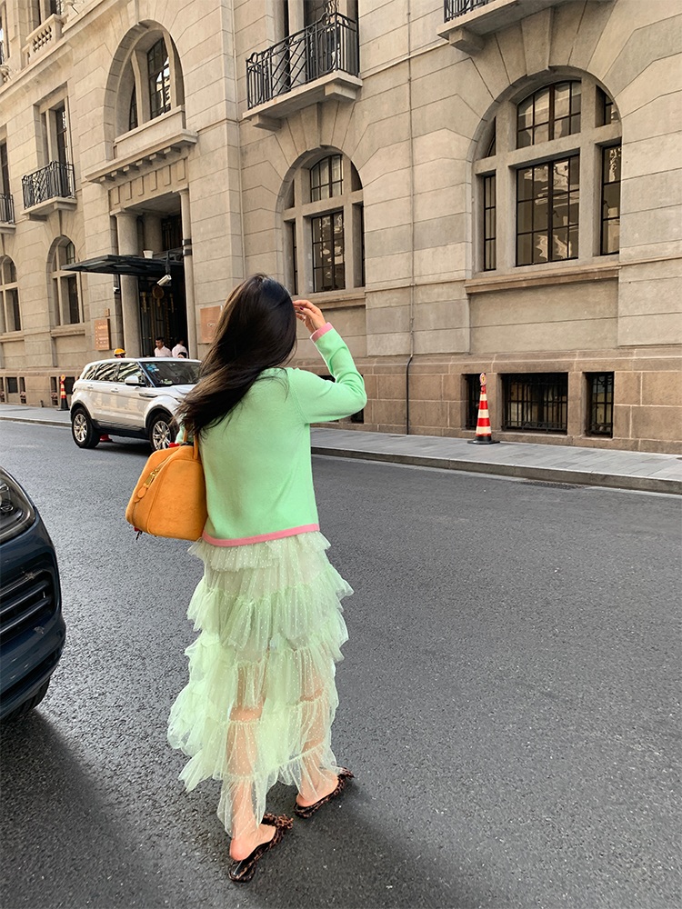 민트색 밴딩 캉캉롱스커트 메쉬 A라인 안감속치마포함 예쁜 도트디자인 클래식 공주풍 - 상세 이미지 4