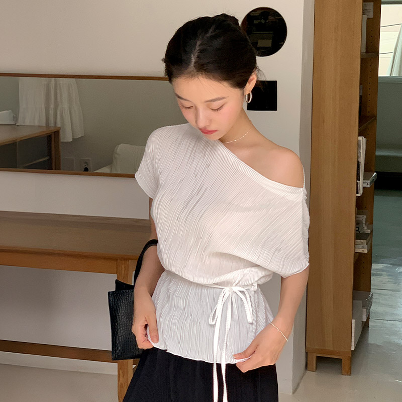 로엘린 썸머 투웨이 넥 플리츠 캡소매 티셔츠 ts4660 - 상세 이미지 2