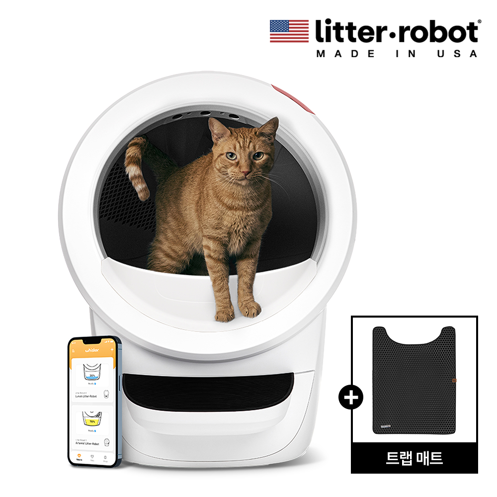 [Trap Mat Package] 리터로봇4 트랩매트패키지 대형사이즈 냄새제어 모래절감 후드형 고양이 자동 화장실(화이트) + 트랩 매트 SET - 상품 이미지