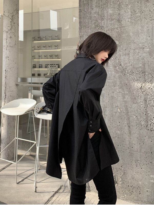 여성 루즈핏 박시핏 카라넥 긴팔 롱 셔츠 원피스 오피스룩 데일리 출근룩 베이직 캐주얼 싱글버튼 면 봄 가을 4002 - 상세 이미지 3