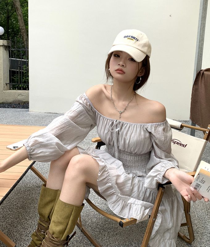 여성 오프숄더 와이드넥 등롱소매 X라인 셔링 하이웨스트 프릴 미니 원피스 러블리 하객룩 데일리 봄 가을 간절기 8216 - 상세 이미지 3