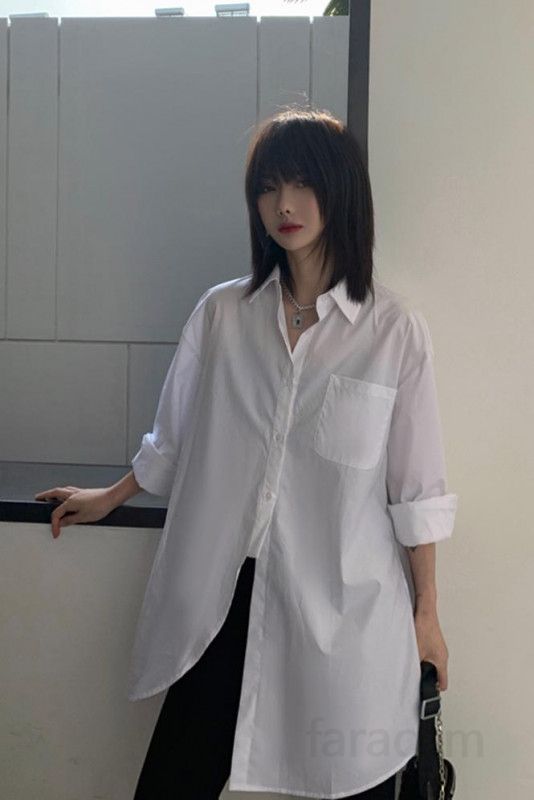 여성 루즈핏 박시핏 카라넥 긴팔 롱 셔츠 원피스 오피스룩 데일리 출근룩 베이직 캐주얼 싱글버튼 면 봄 가을 4002 이미지 6