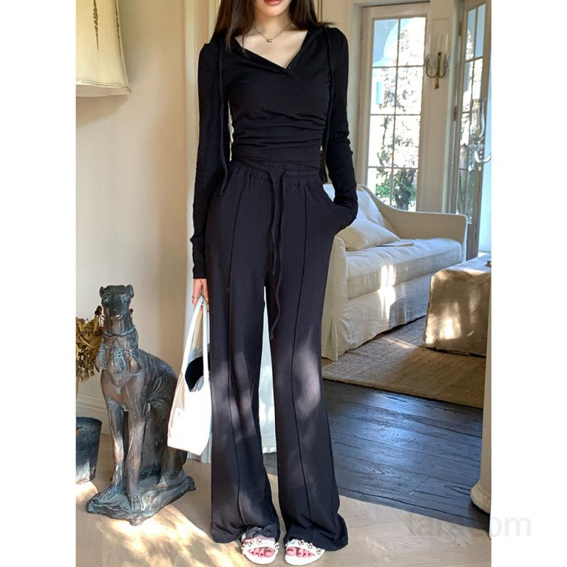 여성 블랙 하이웨스트 드로스트링 밴딩 와이드 스트레이트 롱 슬랙스 바지 데일리 오피스 봄 가을 코디 4966 - 상세 이미지 3