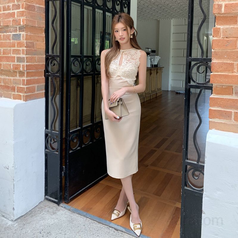 여성 레이스 민소매 X라인 슬림핏 하이웨스트 원피스 단정 우아한 오피스룩 하객룩 데이트룩 결혼식 코디 봄 여름 8714 - 상품 이미지