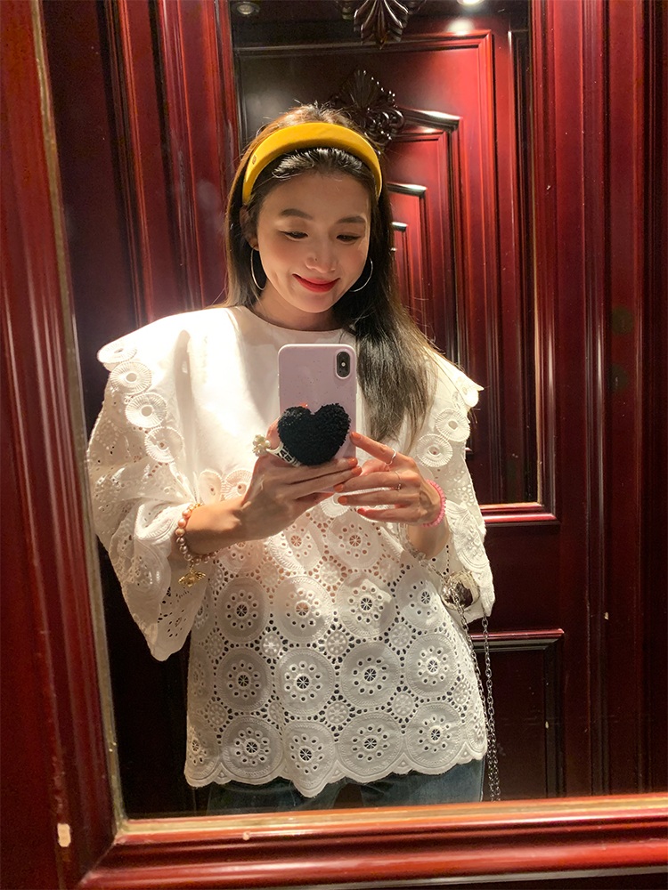 라운드넥 빅카라스퀘어레이스 펀칭긴팔블라우스 자수 봄 여름 루즈핏 캐주얼 고급 순면 화이트 - 상세 이미지 2