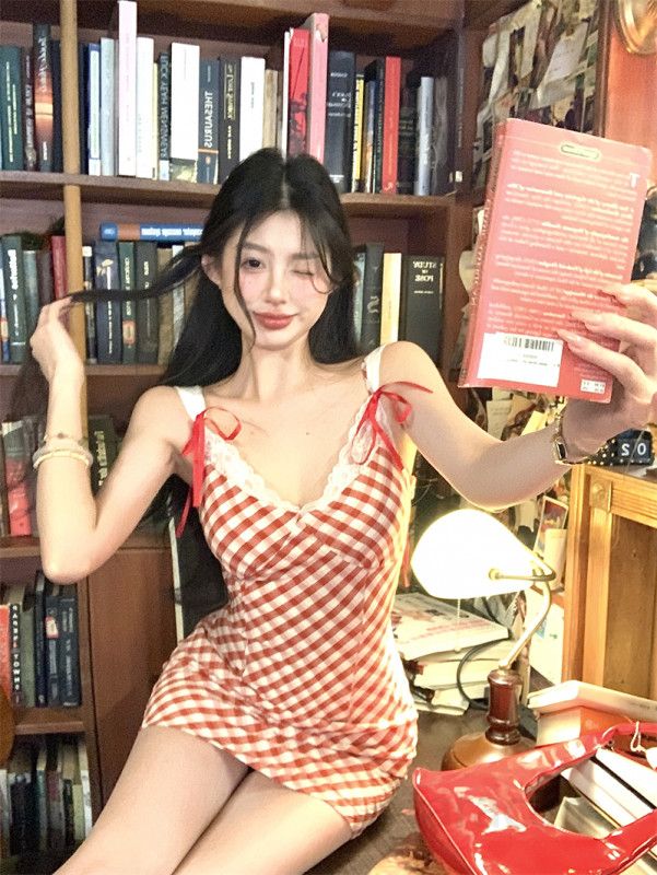 여성 프렌치 무드 레이스 브이넥 체크 하이웨이스트 A라인 뷔스티에 미니 원피스 봄 가을 데일리룩 13164 - 상세 이미지 3