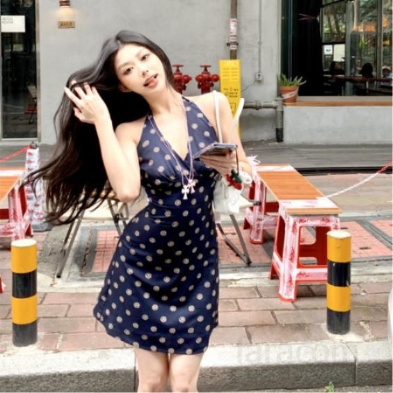 여성 브이넥 홀터넥 백리스 A라인 미니원피스 도트 패턴 데이트룩 바캉스룩 휴양지룩 경쾌한 봄 여름 원피스 13178