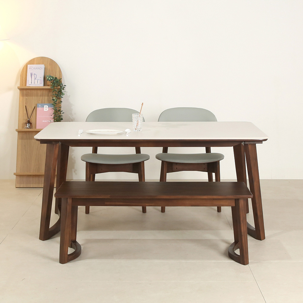 스코나 레스튼 원목 포세린 세라믹 와이드 4인 낮은 식탁세트(벤치1개+의자2개)