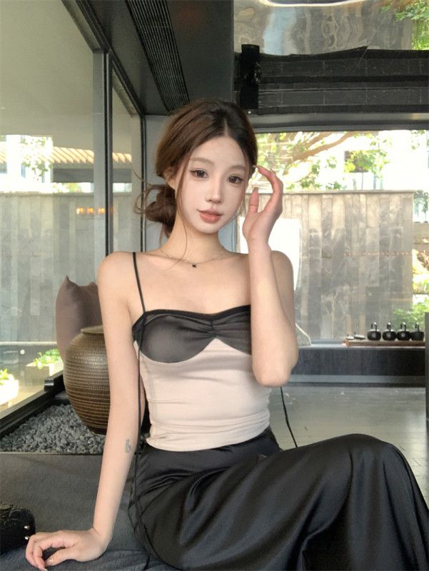 여성 슬림핏 배색 시스루 오픈백 끈나시 민소매 크롭 브라탑 뷔스티에 페이크 투피스 레이어드 상의 섹시 유니크 파티룩 클럽룩 데일리 봄 가을 13163 - 상세 이미지 2