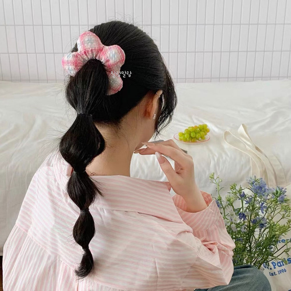 빵빵한 플라워 곱창밴드 도트 체크 헤어슈슈 귀여운 여름머리끈 - 상품 이미지