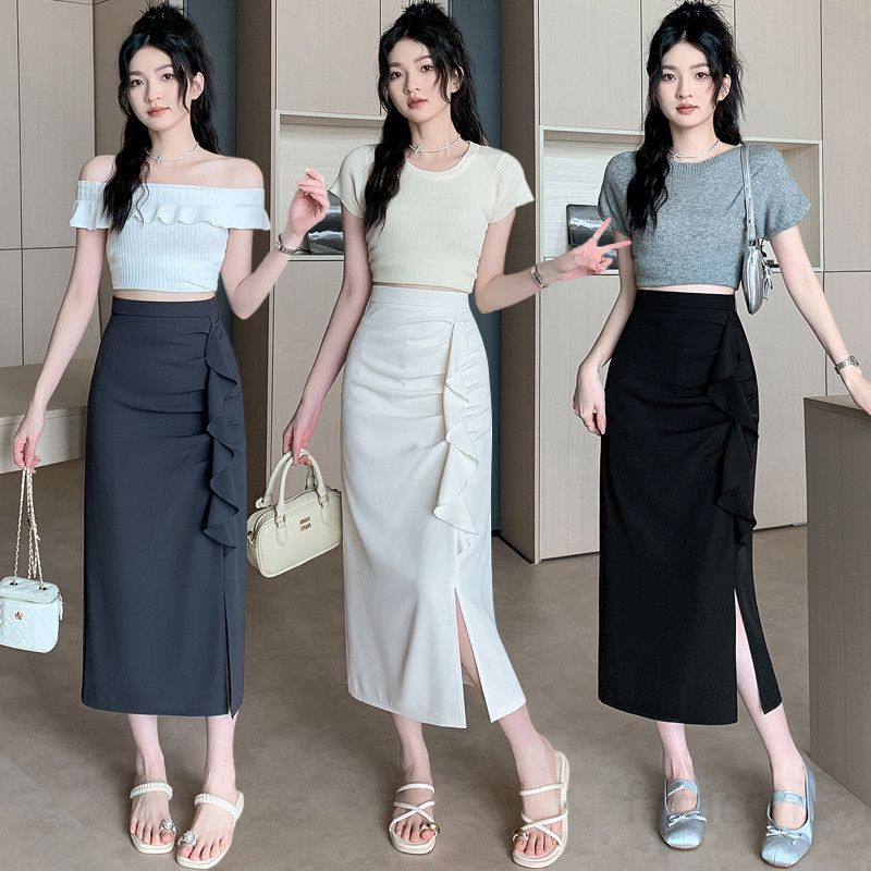 여성 하이웨스트 슬림핏 H라인 언발란스 프릴 미디 스커트 옆트임 드레이프 오피스룩 하객룩 데일리 출근룩 봄 여름 8598