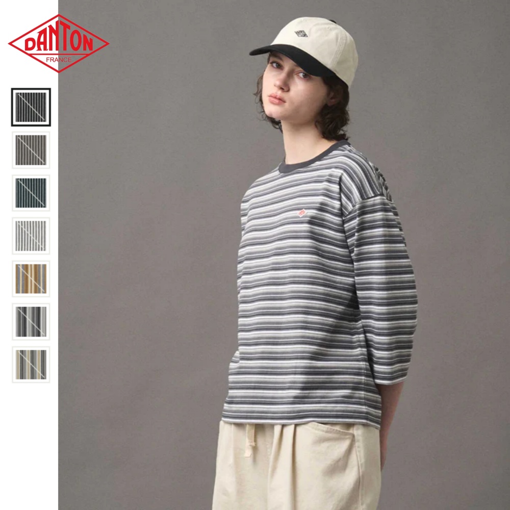 단톤 여성 라운드넥 7부 스트라이프 티셔츠 25FW DT-C0131TCB 베이지/그레이 S - 상품 이미지