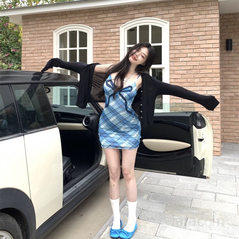 여성 브이넥 리본 청순섹시 슬림핏 체크 끈나시 미니 원피스 H라인 페미닌 데이트 파티 바캉스룩 봄 가을 13157 - 상세 이미지 2