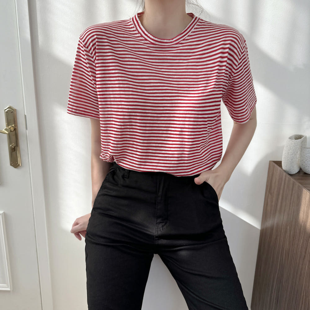 캐주얼 단가라 여름 여성 티셔츠 라운드 스트라이프 티셔츠 여자 반팔티