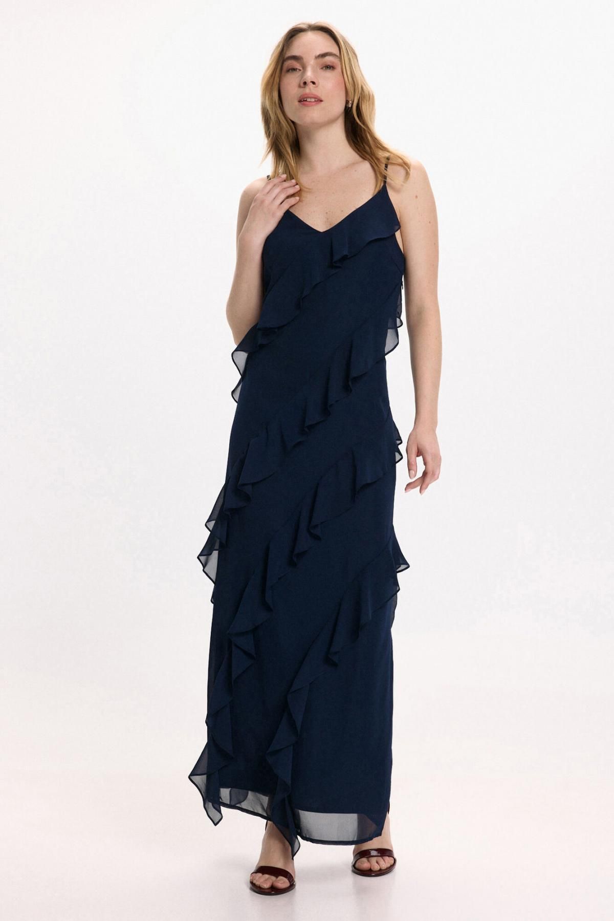 빌라 쉬폰 브이넥 스트랩 프릴 롱 파티 원피스 6442243 AZUL MARINO - 상품 이미지