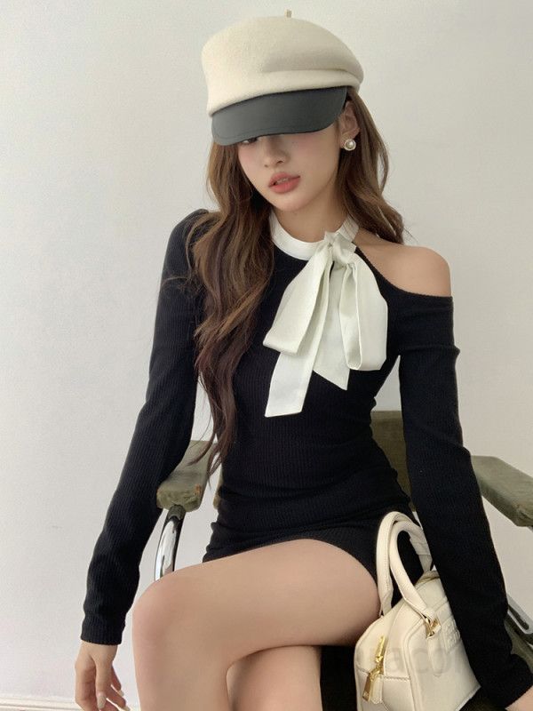 여성 오프숄더 리본타이 긴팔 골지 미니 원피스 슬림핏 바디콘 섹시 페미닌 시크 파티룩 데이트룩 봄 가을 8347 - 상세 이미지 3