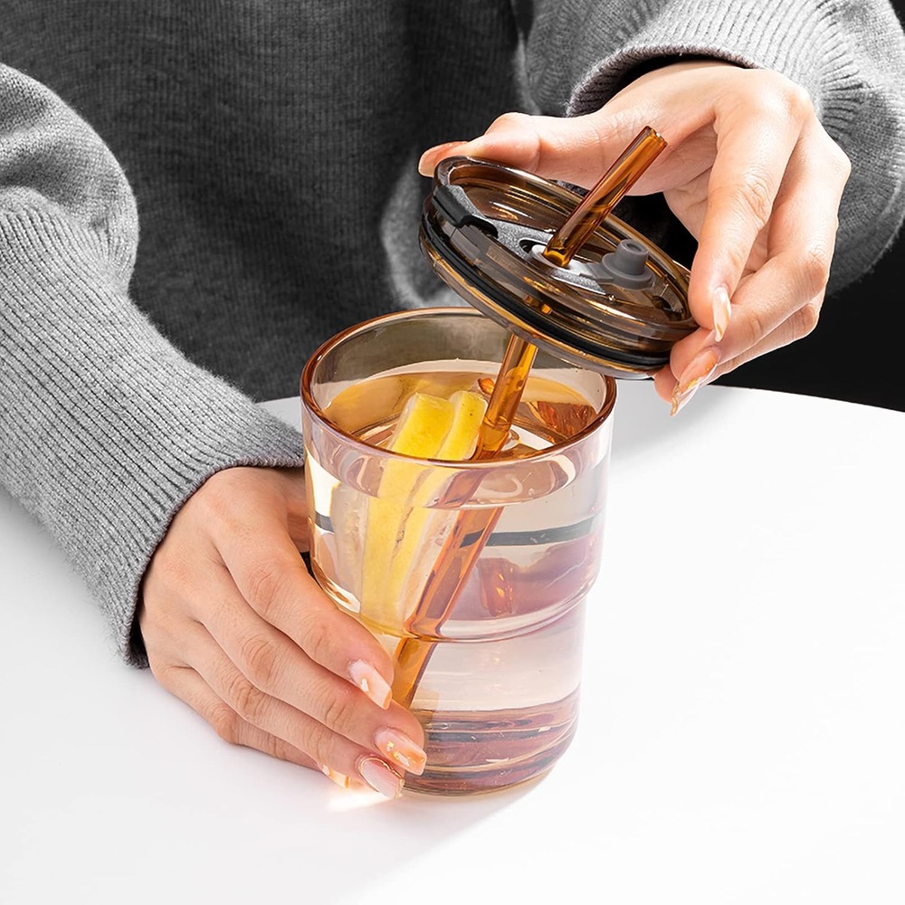 400ml 유리 텀블러 앰버 빨대뚜껑 포함 이미지 7