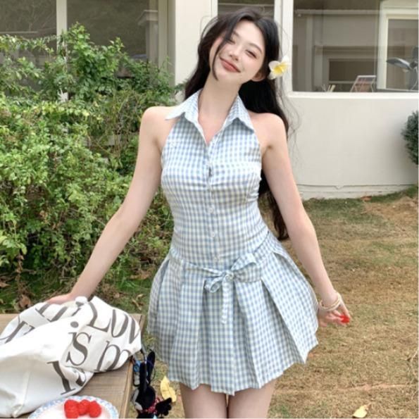 여성 프렌치 무드 홀터넥 카라 체크 플리츠 민소매 셔츠 미니 원피스 하이웨이스트 A라인 데일리 바캉스룩 봄 여름 가을 13162 - 상품 이미지
