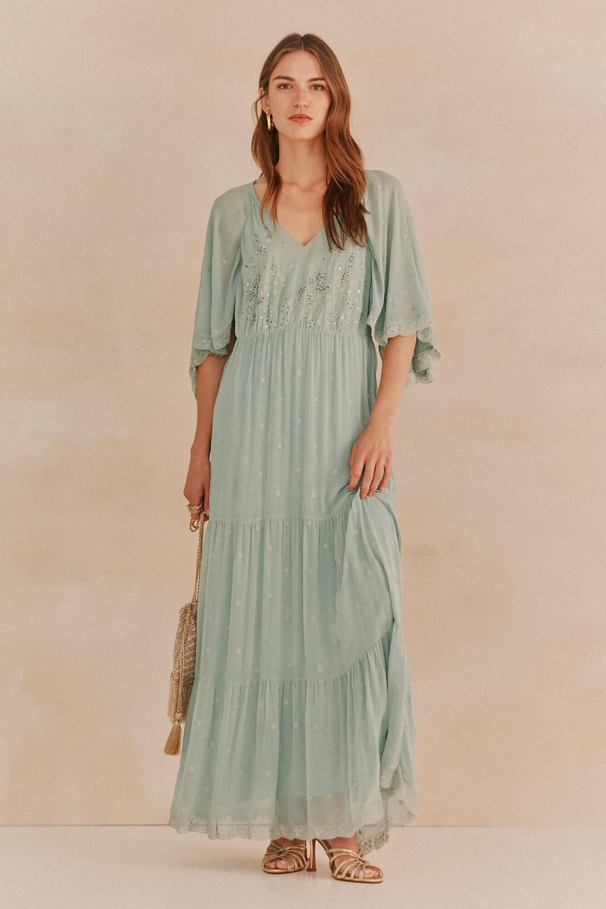 호스 인트로피아 플로럴 자수 브이넥 롱 원피스 8229121 TURQUESA - 상품 이미지