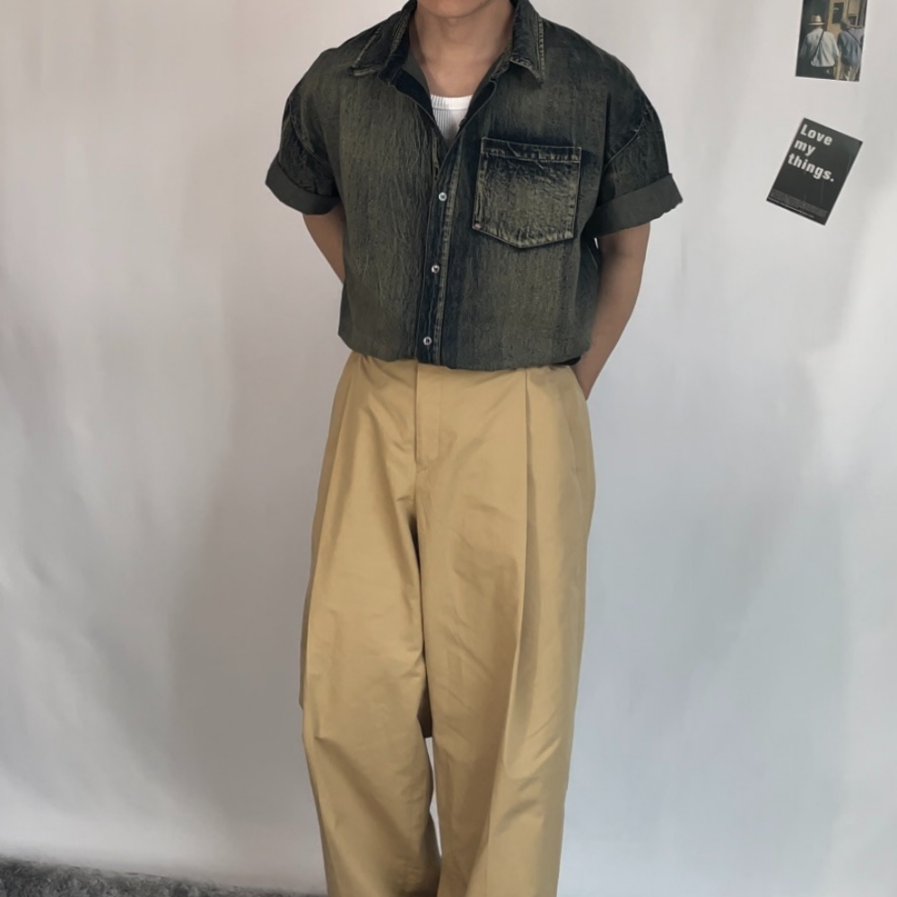 남자 빈티지 워싱 오버핏 데님 셔츠 청 - 상품 이미지